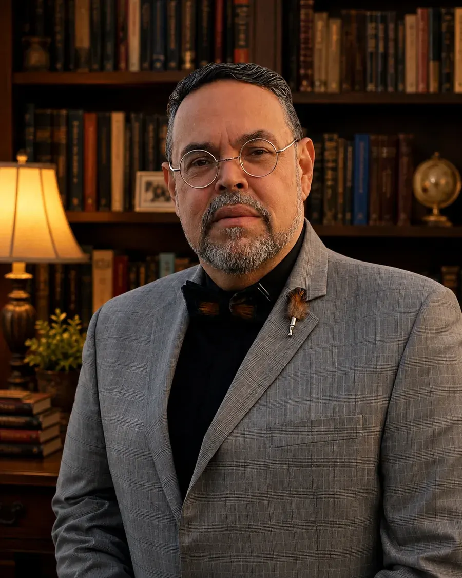 Wilfredo in front of his bookshelves